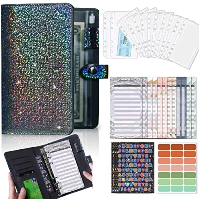 Image of Budget Binder/Money Saving Wallet for Cash Stuffing Savings/Budgeting, Small A6 6 Ring Book Planner Organiser PU Leather with Money Folder/Cash&amp;Bill Envelopes &amp; Expense Sheets, Black
