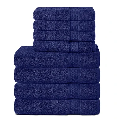 Image of Komfortec Set of 8 Hand Towels 100% Cotton, 4 Bath 70 x 140 cm and 50 100 cm, Terry Clothing, Soft, Towel, Large, Navy Blue