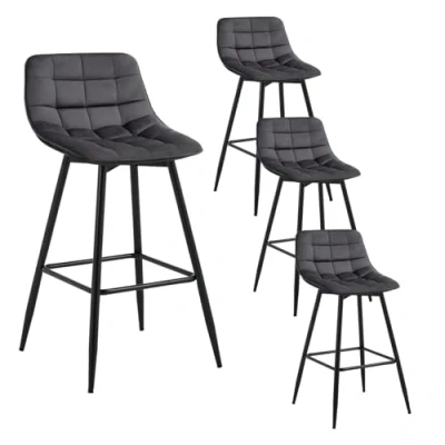 Image of WOLTU Bar Stools Set of 4 PCS Soft Velvet Seat Chairs Breakfast Kitchen Counter Metal Legs Barstools Dark Grey High with Backrests &amp; Footrests