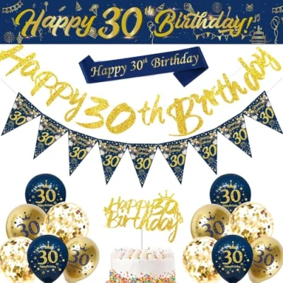 Image of 30th Birthday Decorations Men,Blue Gold Happy Banner,30th Balloons,Bunting Flags,Sash,Cake Toppers for Men Women Blue Party Supplies