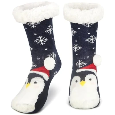 Image of Tolumo Slipper Socks for Women Men Heat Holding Fluffy Sock Knitted Fuzzy Bed Slippers One Size Non Slip B217 Navy Penguin