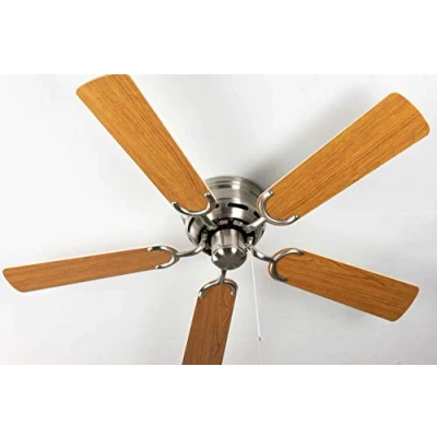 Image of Ceiling fan Kisa Deluxe brushed nickel without light white / maple blades including pull switch