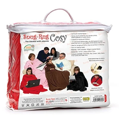 Image of Snug Rug Cosy Blanket With Sleeves GENUINE SnugRug Sleeved Blankets Super Soft 160gsm Fleece Fabric Oversized and Pouch Pocket Adults Size (Red)