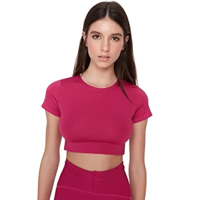 Image of Trendyol Women&#039;s Woman Sportswear Fitted Standard Crew Neck Knit Blouse Shirt, Fuchsia, S UK