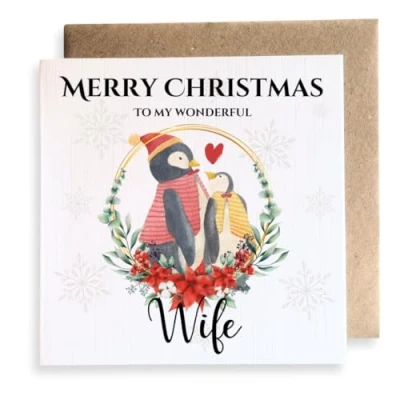 Image of Second Ave Wife Penguin Love Square Card Christmas Xmas Holiday Festive Greetings