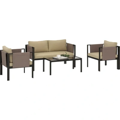 Image of Outsunny 4 Piece Metal Garden Furniture Set with Tempered Glass Coffee Table, Texteline Pocket, Outdoor Loveseat Single Armchairs Padded Cushions, Khaki