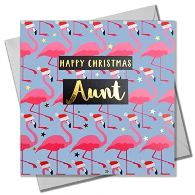 Image of Christmas Card, Aunt Flamingoes in Santa Hats, text foiled shiny gold