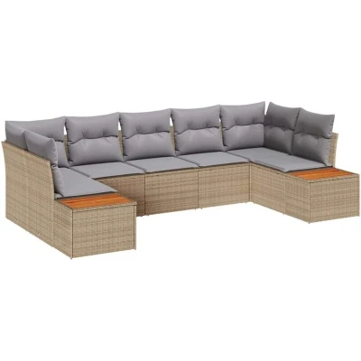 Image of Vidaxl 7 Piece Garden Sofa Set with Cushions Beige Poly Rattan Acacia