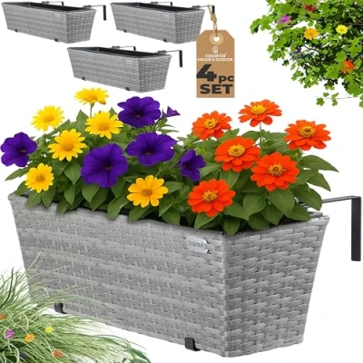 Image of CASARIA® Set of 4 Flower Boxes Weatherproof Poly Rattan Hangable with Mounting Brackets Floating Planters Perfect for Balcony Windowsill Railing Gate or Fence 60 x 20 19cm 11 L Grey