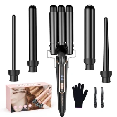 Image of BESTOPE PRO 5 in 1 Beach Waver Hair Curler, Curling Iron (9 32mm) with 2 Temperature Control, Mermaid Heat Resistant Glove and Clips for Long Medium Short