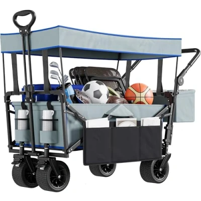 Image of YITAHOME Beach Trolley with Handle Overhead Canopy Cart Push Pull, Folding Wagon 2 Drink Holders, Large Capacity 220 lbs, Camping Oversized Wheels for Outdoor Garden Picnics (Gray)