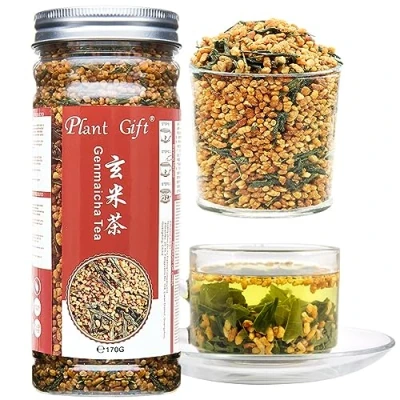 Image of Plant Gift Genmaicha Tea, 玄米茶 Genmai Cha Green Tea with Roasted Rice, Japanese Loose Leaf Gen Mai Caffeine Level Low 170G/6oz