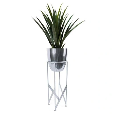 Image of Leaf Tall Metal Plant Stand With Planter, Silver Yukka Plant, 90cm