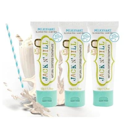 Image of Jack N&#039; Jill Natural Certified Toothpaste Baby &amp; Toddler Toothpaste, Fluoride Free, 40% Xylitol, Sugar Safe for 6 Months and Up, Makes Tooth Brushing Fun, Milkshake Flavour, 3 x 50g