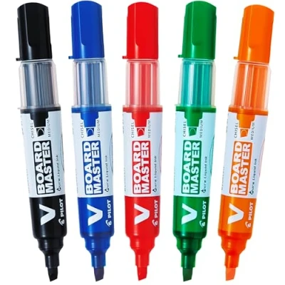 Image of Pilot Begreen Recycled V Board Master Whiteboard Marker Chisel 2.2 5.2 mm Tip Black/Red/Blue/Green/Orange, Wallet of 5