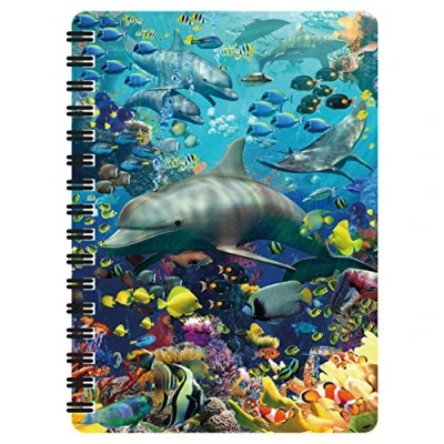 Image of 3D LiveLife Jotter Dolphin Delight from Deluxebase. Lenticular Ocean A6 Spiral Notebook with Plain Recycled Paper Pages. Artwork Licensed Renowned Artist David Penfound