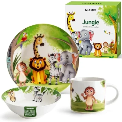 Image of MIAMIO Set of 3 Kids Dinnerware Set/Porcelain Children Dishes, Dish Set, Children’s Tableware Includes Plate, Bowl and Cup for Toddler (Jungle)