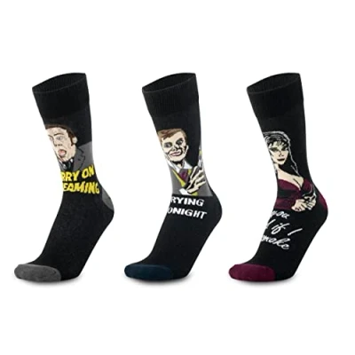 Image of Sporting Profiles Carry On Screaming Classic Film Official Socks Triple Pack Kenneth Williams Harry H Corbett FITS SIZES 6 11 Black