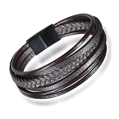 Image of Premium Genuine Leather Bracelet for Men in Black &amp; Brown Magnetic Stainless Steel Closure Exclusive Jewellery Box Great Gift Idea