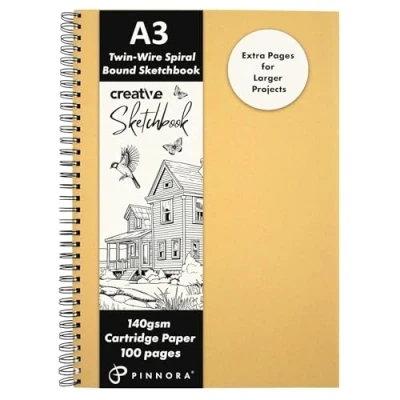 Image of Pinnora Creative A3 Sketchbook, Wire Spiral Bound Sketch Book with 100 Pages of Mixed Media Art Paper 140gsm, Sketchbook A4, Kraft Drawing Pad Cover, and for All Artists