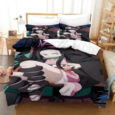 Image of GDEKCIEAS Anime 3D Demon Slayer Teens And Adults Bedding Set,3 Pieces Breathable Duvet Cover Microfiber with Zipper,Decorative Quilt for Home Double（200x200cm）