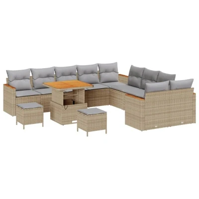 Image of 13 Piece Garden Sofa Set with Cushions Beige Poly Rattan Acacia Vidaxl