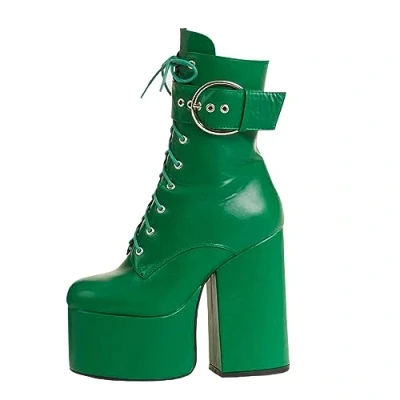 Image of LAMODA Women&#039;s Oneshot Platform Ankle Boots, UK 4, Green Booties with a Block Heel, Side Zipper and Chunky Buckle, Lace Up Boots