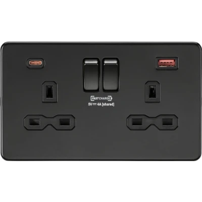 Image of KnightsBridge 13A 2G DP switched socket with dual USB charger A + C (FASTCHARGE) Matt black
