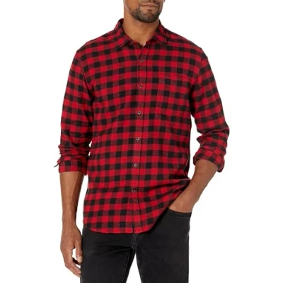 Image of Amazon Essentials Men&#039;s Slim Fit Long Sleeved Button Down Plaid Flannel Shirt, Black Red Buffalo Plaid, S