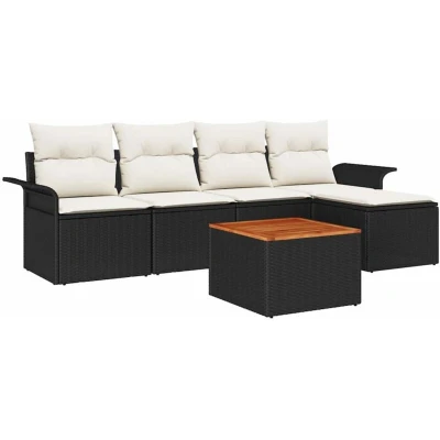Image of vidaXL 6 Piece Garden Sofa Set with Cushions Black Poly Rattan Acacia