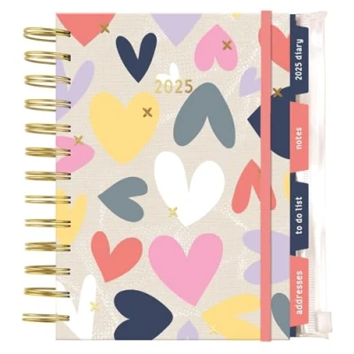 Image of 2025 Personal Organiser Grey &amp; Multicolour Hearts Design A5 Diary With Dividers Week to View Planner