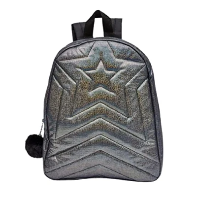 Image of William Lamb Children&#039;s Girls Roxy Style Holographic Black Grey Backpack Rucksack School Travel Bag, Star embossed with Pom