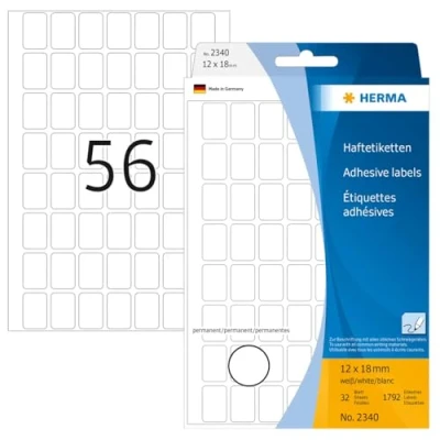Image of HERMA Multi Purpose Labels, 56 Labels per Sheet, 32 Sheets, 12 x 18 mm, 1792 Self Adhesive Mini Stickers, Blank Sticky for Office Kitchen Home, White