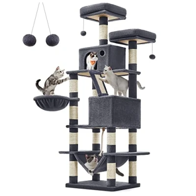 Image of Feandrea Cat Tree, 168 cm Large Tower with 13 Scratching Posts, 1 Ramp, 2 Perches, Caves, Basket, Hammock, Pompoms, Multi Level Plush Condo for Indoor Cats, Smoky Grey PCT165G01