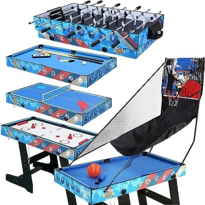 Image of 5 In 1 Muliti Sports Game Table, Folding 4FT Combo Table Soccer Foosball Pool Air Hockey Tennis Table,Basketball Great Gifts for Kids (Blue)