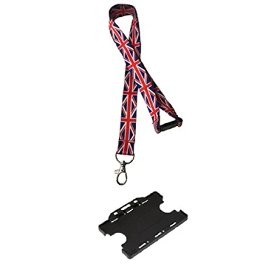 Image of British Union Jack Print Lanyard with Safety Breakaway &amp; Double Black Horrizontal Card Holder