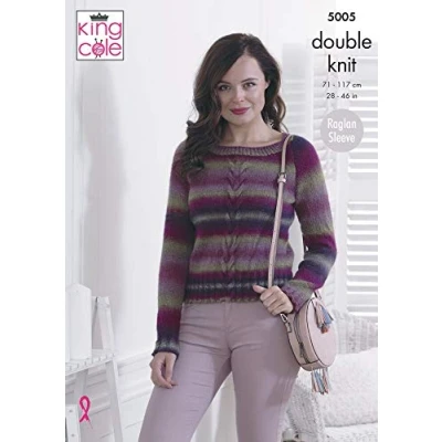 Image of King Cole Ladies Double Knitting Pattern Womens Raglan Sleeve Cabled Sweater &amp; Cardigan (5005)