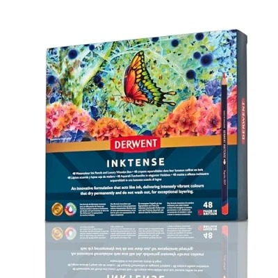 Image of Derwent Inktense Permanent Watercolour Pencils, Set of 48 in a Wooden Gift Box, 4mm Premium Core, Water Soluble, Ideal for Colouring, Painting and Crafting, Professional Quality (2300151)