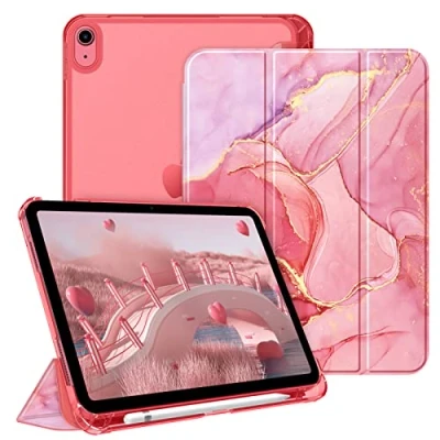 Image of FINTIE Case Compatible with iPad 10th Generation (2022) 10.9 Inch, Ultra Slim Protective Cover Matte Back Shell Pencil Holder, Auto Wake Sleep, Marble Pink