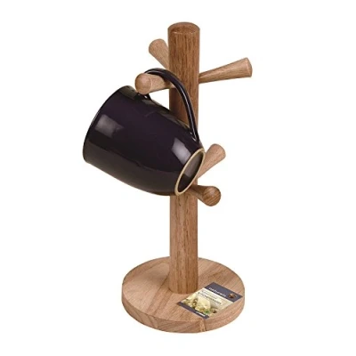 Image of Naturals New Wooden Lightweight &amp; Strong Rubber Wood Kitchen Mug Tree 6 Cup Holder Mugtree Stand