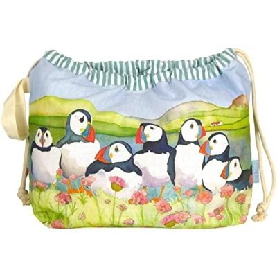 Image of Emma Ball Drawstring Bag Size 39cm X 31cm Puffins and Sea Thrift