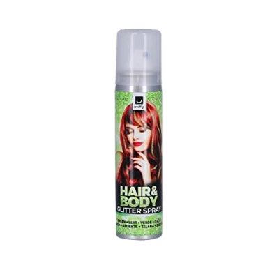 Image of Smiffys Make Up FX, Hair &amp; Body Spray, Green Glitter, 75ml Can, Cosmetics and Disguises Fancy Dress, Adult Dress Disguises.