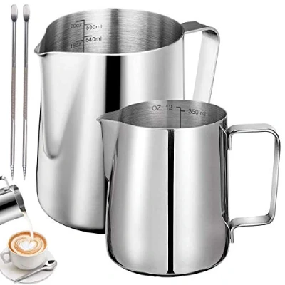 Image of Stainless Steel Milk Jug,Tianher 2 Pcs Frothing Pitcher（350ml+600ml） with Measurement and Latte Decorating Art Pen for Barista Making Coffee Cappuccino Espresso