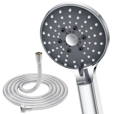 Image of YEAUPE PRO Shower Head, Hand Shower, 6 Jet Types, Pressure Raising Head with 1.6 m Hose, Round Anti Limescale Function, Chrome