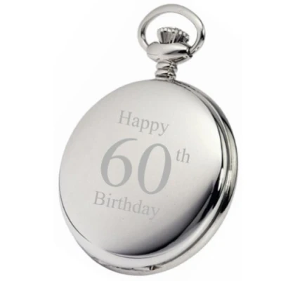 Image of PERSONALISED SILVER 60TH BIRTHDAY POCKET WATCH WITH CHAIN PW197 CAN BE ENGRAVED FREE