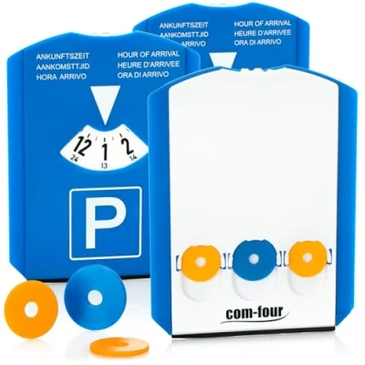 Image of com four® 3x parking disc with ice scraper, rubber lip and 3 shopping cart chips plastic meter (03 pieces chip)
