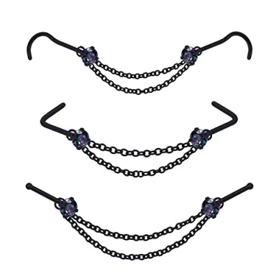 Image of Nose Ring Chain Across Black Stainless Steel Nostril Piercing with Cubic Zirconia Screw Bone L Shaped for Women Body Jewelry Bridge Chain,