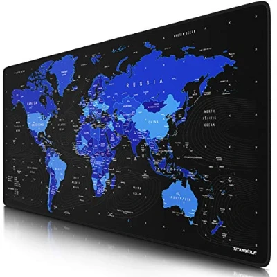 Image of Titanwolf XXL Gaming Mouse Mat 900 x 400 mm Table Large Precision and Speed Rubber Base Non Slip Durable Water Repellent World Map Black Blue