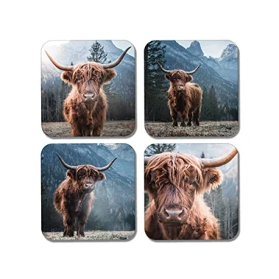 Image of DV DESIGN 4 x Square Highland Cows Coasters Animals Cattle Scottish Cow Coaster Gift #77889