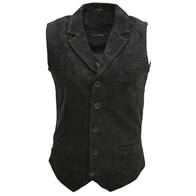 Image of Men&#039;s Smart Real Suede Leather Black Gilet Waistcoat Biker Fashion Vest S